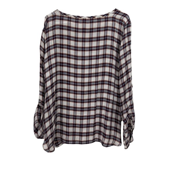 LOFT Outlet Pullover Plaid Long-Sleeve Rayon Blouse SZ L White & Multicolor - Picture 2 of 10